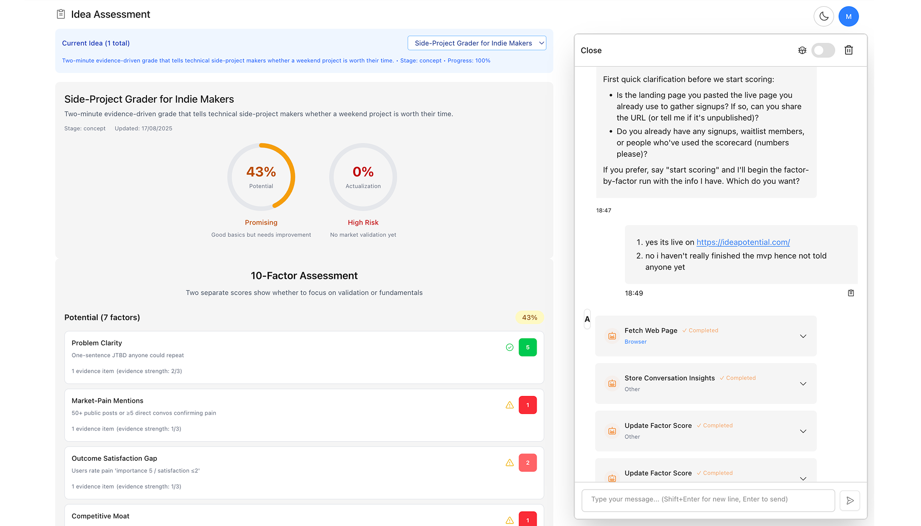 IdeaPotential - AI Startup Validation Screenshot